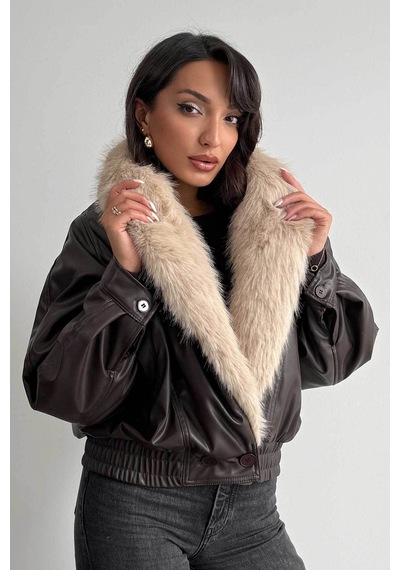 Verymoda Yakası Kürklü Kruvaze Deri Mont F2050 Kahve