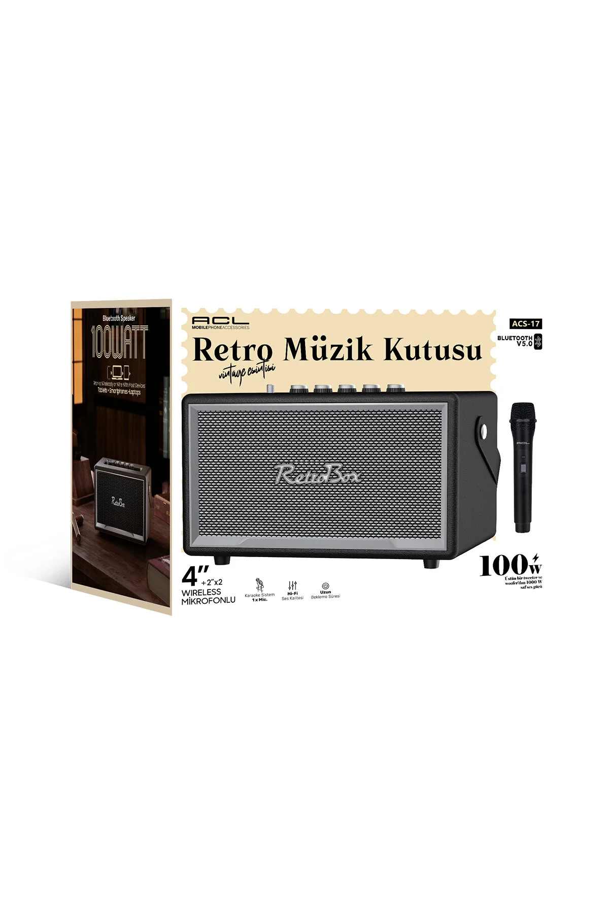 Acs-17 Retro Tasarım 100w Bluetooth Hoparlör Kablosuz Mikrofonlu Vintage Müzik Kutusu