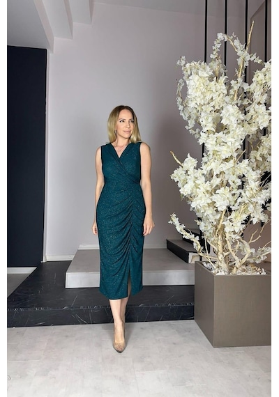 Ges Moda G0909 Drape Detaylı Simli Abiye Elbise Zümrüt-zümrüt