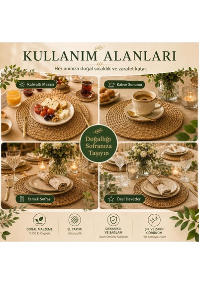 Lexroo Sogud Hasır Supla 6 Lı Set - 32 Cm Yuvarlak Amerikan Servis - Kahverengi