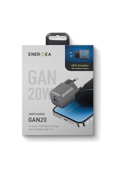 Ampcharge Gan20 20w Type-c Ve 18w Usb 3.0 Çıkışlı Hızlı Şarj Aleti - Koyu Gri