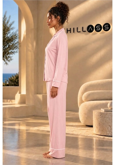 Chıllass Kadın Pamuklu Uzun Kollu Pijama Takımı Önden Düğmeli Pembe Pembe