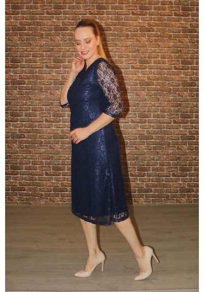 Nidya Moda Büyük Beden Dantel Elbise-4036L Lacivert