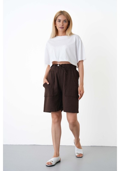 The Voler Müslin Şort Kadın Yüksek Bel Oversize Rahat Kesim Cepli %100 Pamuklu Yazlık Şort Kahverengi The Voler Müslin Şort Kadın Yüksek Bel Oversize Rahat Kesim Cepli %100 Pamuklu Yazlık Şort Kahverengi