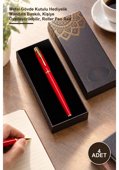 4 Adet Toptan Metal Roller Kırmızı Kalem Metal Gövde Kutulu Hediyelik Mandala Baskılı, Kişiye Özelleştirilebilir, Roller Pen Red 1
