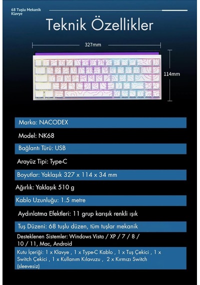 Desenli Kablolu Ergonomik Mekanik Oyuncu Klavyesi-ambiyans Aydınlatmalı Ajazz Nacodex Nk-68 Kontur Desenli - Beyaz