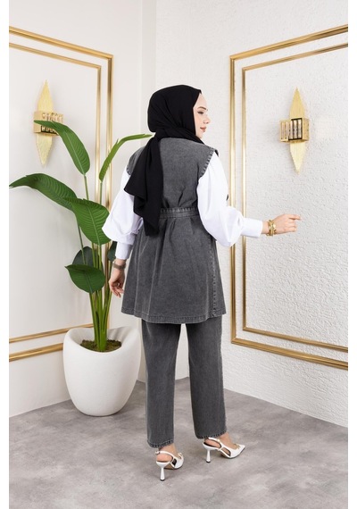 Harman Butik Kadın Boncuk İşlemeli Kuşaklı Yelek-pantolon 2li Takım Siyah Siyah