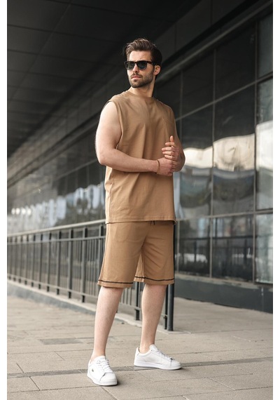 Madmext Kapuçino Bisiklet Yaka Kolsuz Erkek Şort T-shirt Takım E7351 Kapuçino
