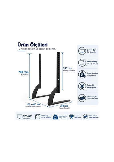 Omniax 37''- 80''arası Uyumlu Tv Standı Lcd Led Tv Ayagı Masa Üstü Kullanım
