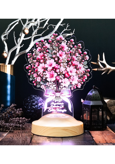 Sakura Kiraz Çiçeği Buketi Led Lamba Kişiye Özel Işıklı Solmayan Sakura Çiçeği Sevgiliye Doğum Günü Hediyesi Sakura Buketi