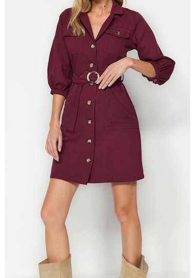 Ersefa Moda Stil Regular Ceket Yaka Mini Boy Kemerli Dokuma Elbise Bordo