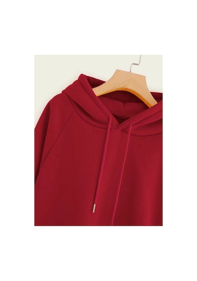 Blackjack Giyim Unisex Düz Kırmızı Kapüşonlu Sweatshirt Kırmızı
