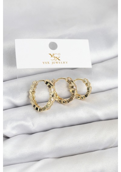 Pirinç Gold Renk Zirkon Taşlı Petek Halka Model Ysx Trio Küpe Seti