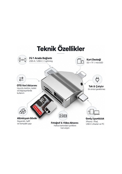 Powermaster Pm-39093 Usb A Usb C Lightning 3'ü 1 Arada Sd Microsd Otg Kart Okuyucu