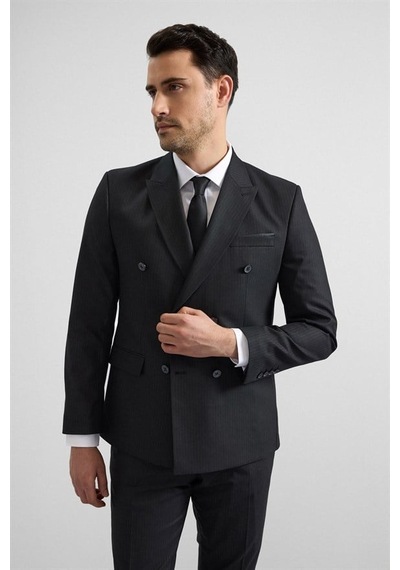 Süvari Siyah Slim Kruvaze Yaka 6 Drop Takım Elbise Tk1006900389-s09 Siyah