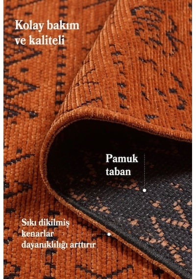 Bohem Tarz Dekoratif Pamuk Taban Şönil Kilim Terra Renk Halı Turuncu