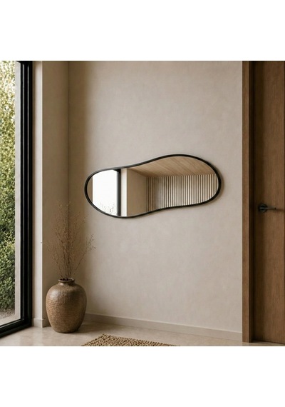 Modern Organik Form Banyo Aynası 40x120 Cm Asimetrik Minimalist Dekoratif Duvar Aynası Siyah