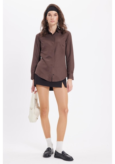 Tudors Kadın Slim Fit Dar Kesim Vucüda Oturan Uzun Kollu Gizli Düğme Detaylı Kahverengi Basic Gömlek-41567