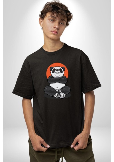 Yoga Panda Pamuklu Bisiklet Yaka Unisex Oversize Boyfriend Dijital Baskılı Siyah T-shirt Siyah