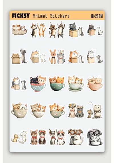 Sevimli Kedi Ve Köpek Sticker Seti - 50 Adet Etiket Çıkartma Diğer