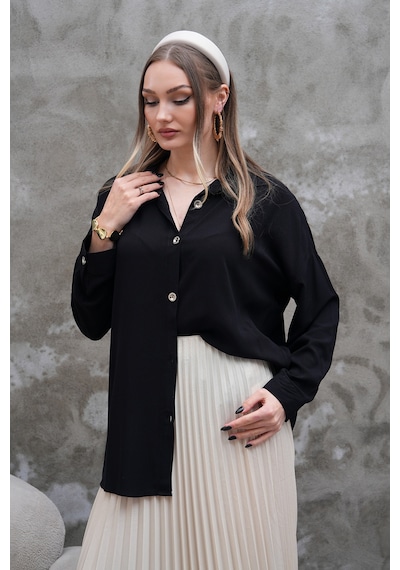 Polologin Butik Düğmeli Klasik Siyah Gömlek Tunik Siyah