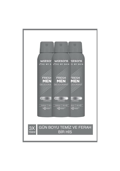 Watsons Fresh Pudrasız Erkek Sprey Deodorant 3 x 150 ML