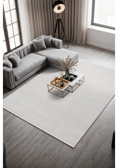 Clay Ct004a Beyaz Halı Modern Desenli Triko Akrilik Pamuk Tabanlı Kaymaz Salon Oturma Odası Halısı