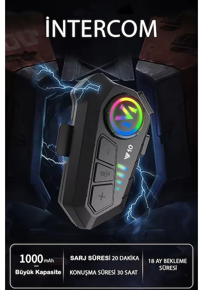 İntercom Y10 5.3 Bluetooth Motosiklet Kask Kulaklık İntercom Rgb Işıklı Su Geçirmez