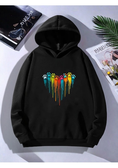 Uyguntarz Unisex Sevimli Pati Kalp Baskılı Oversize Genel Siyah