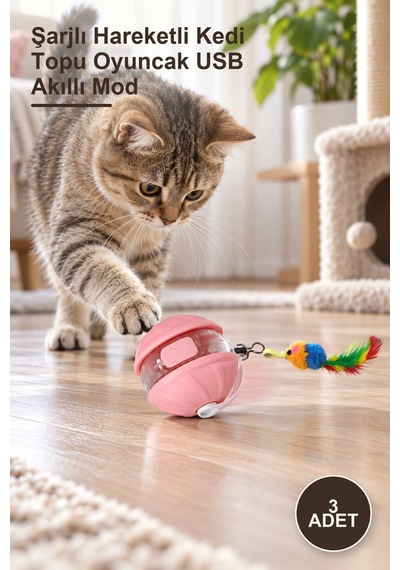 3 Adet Şarjlı Hareketli Kedi Topu Oyuncak Usb Akıllı Mod