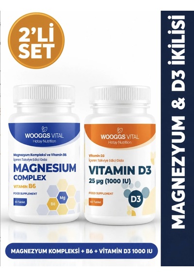 Hotay Nutrition Wooggs Vital Magnezyum Kompleksi 4 Form + Vitamin B6 60 Tablet + Vitamin D3 1000 Iu 60 Tablet 2'li Set