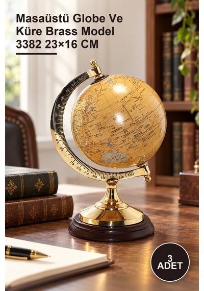 3 Adet Pirinç Dünya Küre Masaüstü Globe Ve Küre Brass Model 3382 23 16 Cm