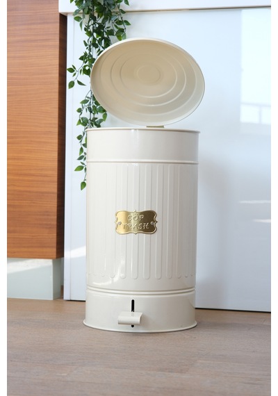 Metal Kapaklı Krem Renk Galvaniz Metal Pedallı Çöp Kovası 30 Litre Ekru