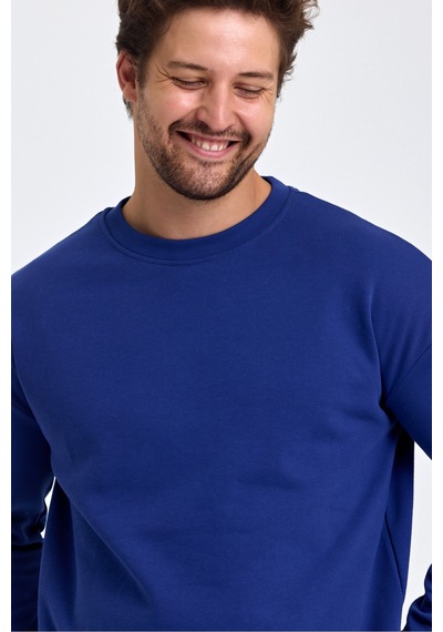 Tarz Cool Erkek Yumuşacık Kumaşlı Regular Fit Yuvarlak Yakalı Sweatshirt Saks Mavi
