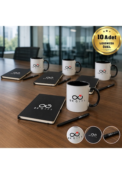 Logonuza Özel 10 Adet Siyah Defter, Metal Kalem Ve Baskılı Kupa Kurumsal Hediye Seti