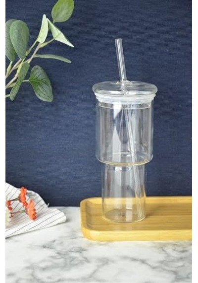 Bambu Kapaklı Cam Pipetli 450 Ml Borosilikat Bardak Açık Kırmızı