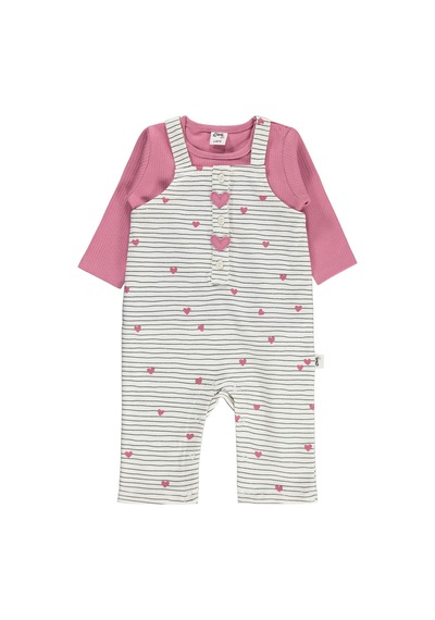 Civil Baby Çizgi Kalp Empirme 6-18 Ay Tulum - Ekru