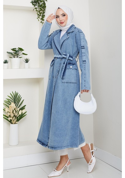 Hb Harma Time Butik Kadın Cepli Kuşaklı Denim Mavi Trençkot
