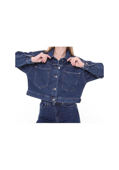7007-dgml Kadın Düğmeli Jeans Denim Kot Ceket Mavi