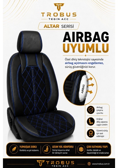 Dacia Jogger 2022+ Uyumlu Altar Serisi Tay Tüyü Oto Koltuk Kılıfı Siyah Mavi