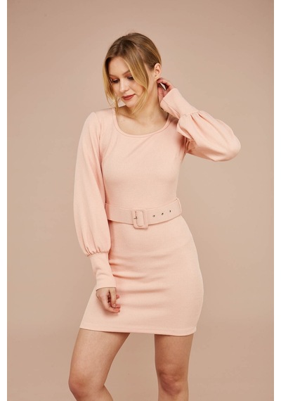 Zafir Butik Pembe Yaka Kemerli Elbise Pembe Pembe