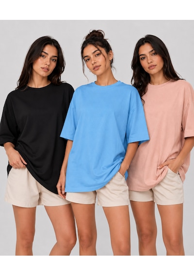 Polymood 3'lü Set Oversize %100 Organik Pamuk Yuvarlak Yakalı Bol Kesim T-shirt Siyah-mavi-pudra Polymood 3'lü Set Oversize %100 Organik Pamuk Yuvarlak Yakalı Bol Kesim T-shirt Siyah-mavi-pudra