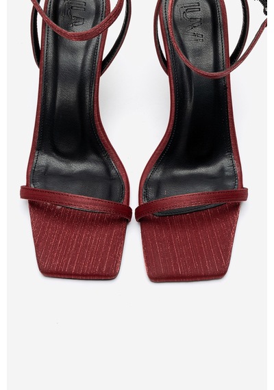 Luvishoes Sone Bordo Saten Gold Topuklu İnce Bantlı Kadın Topuklu Ayakkabı