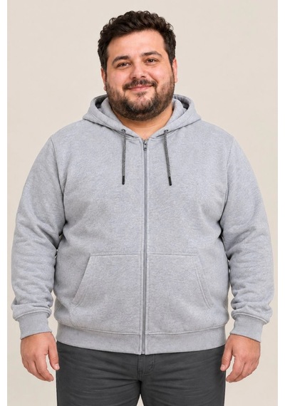 Assema Erkek Battal Büyük Beden Üç İplik İçi Şardonlu Kapüşonlu Tam Fermuarlı Kışlık Sweatshirt - Gri Çok Renkli