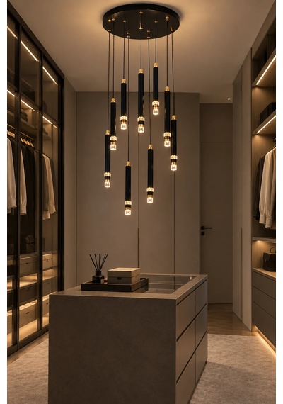 Modern Premium 10'lu Ledli Sarkıt Avizesi 52w 4000k Siyah Salon Mutfak Şık Modelleri 100 Cm