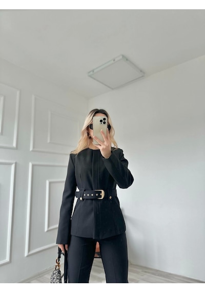 Keymoda Kadın Gold Kemerli Ceket Pantolon Takım Siyah Siyah