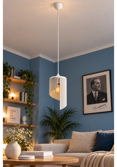 Spiral Tekli Sarkıt Avize Modern Özel Tasarım Salon Mutfak G95 Rustik Led Ampul Hediyeli Beyaz