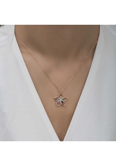 Gümüş Rose Renkli Taşlı Çiçek Kadın Kolye