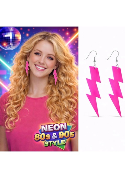 80 Ler 9039lar Retro Neon Pembe Şimşek Küpe 10 Cm "