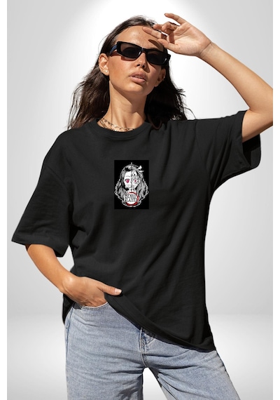 Anime Demon Slayer Siyah Oversize Unisex Ön Orta Minimal Baskılı Tişört Siyah